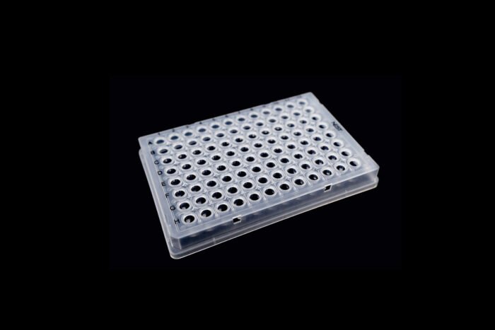 0.1ml 96 Well PCR Plate, Full Skirt, Clear, H1 notch, 25/pk, 100/cs - Image 1