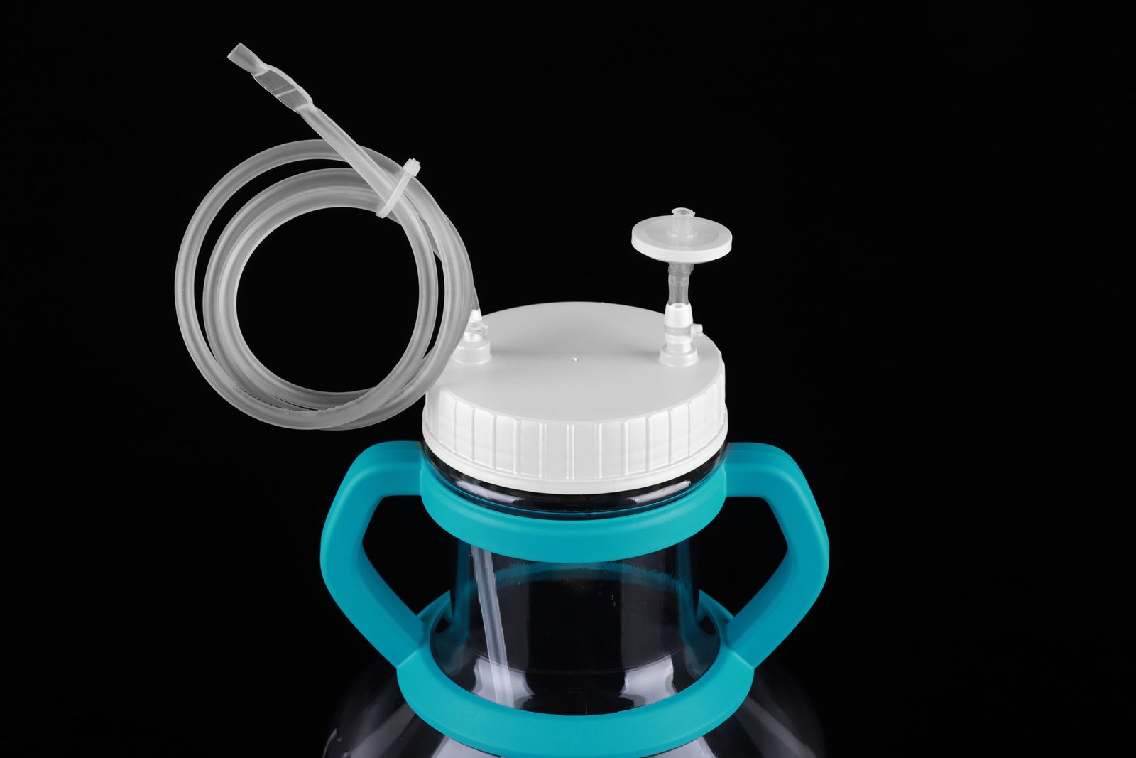 C10322-AZB050B-scaled-1.jpg 3L Wide-mouth High Efficiency Erlenmeyer Flask Bi-directional Transfer Cap with TPE Tube (50cm 1/8" ID 1/4" OD), Vent Filter (0.22 ?m ?24mm), without Flask , Sterile, 1/pk, 4/cs - Image 1