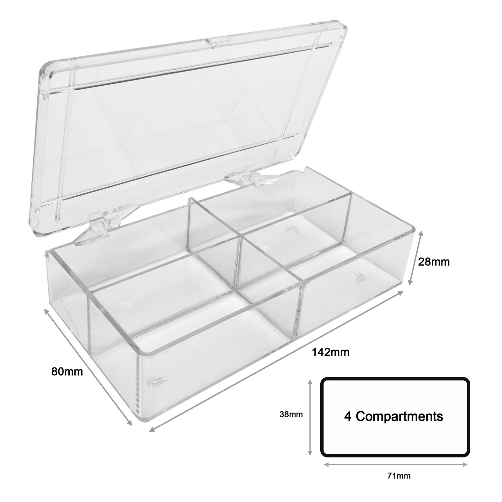 B1204-w-measurements.jpg MultiBox?, 4 compartments, 38 x 71 x 28mm each (11/2 x 2 13/16 x 11/8 in.), for various gels including half-mini protein gels - Image 1